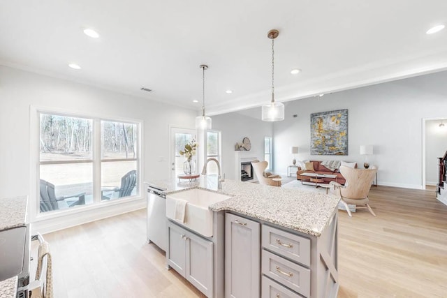 kitchen featuring stainless steel dishwasher, sink, pendant lighting, and light hardwood / wood-style floors