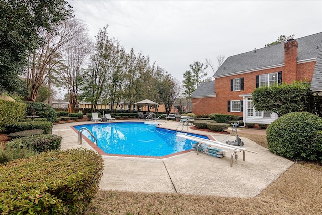 view of pool with a diving board and a patio area