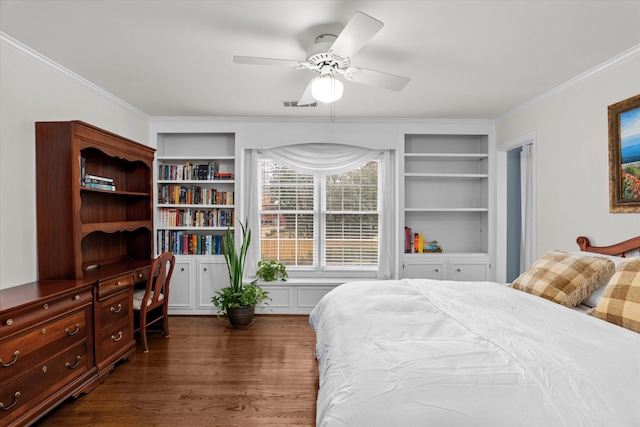 bedroom with crown molding, ceiling fan, and dark hardwood / wood-style flooring