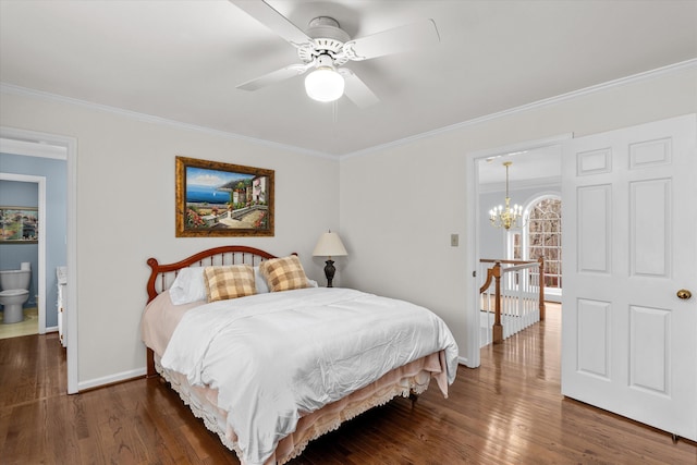 bedroom with ceiling fan with notable chandelier, ornamental molding, and dark hardwood / wood-style floors