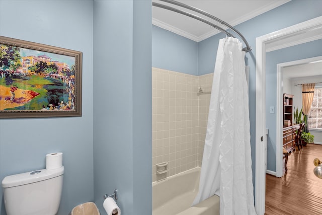 bathroom with shower / bathtub combination with curtain, crown molding, toilet, and hardwood / wood-style flooring