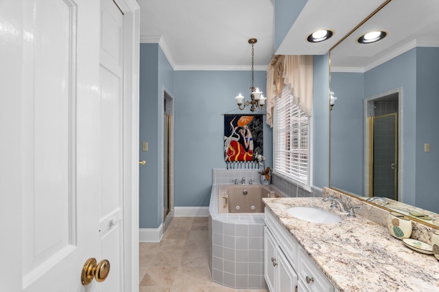 bathroom with vanity, a notable chandelier, crown molding, and independent shower and bath