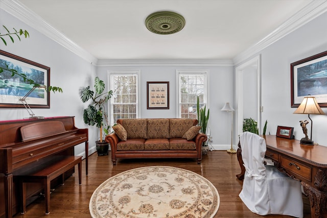 sitting room featuring crown molding and dark hardwood / wood-style floors