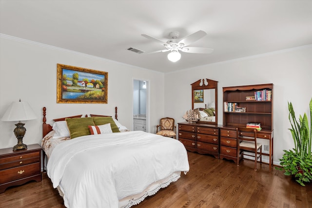 bedroom with ceiling fan, ornamental molding, dark hardwood / wood-style flooring, and connected bathroom