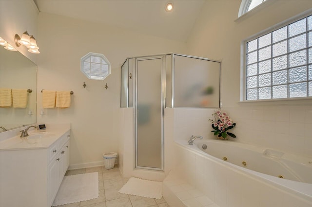 full bathroom with lofted ceiling, a jetted tub, tile patterned flooring, vanity, and a shower stall