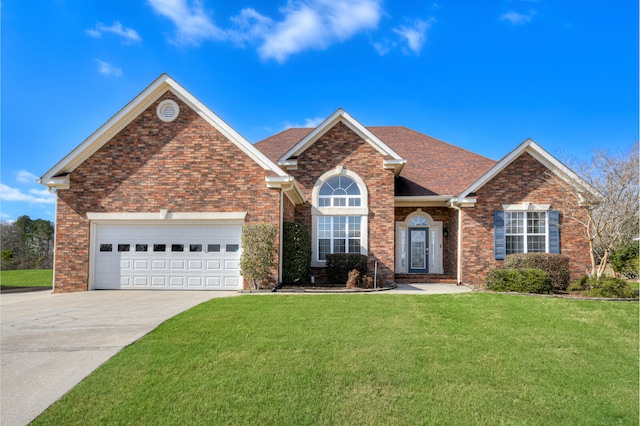 view of front of home featuring a garage, concrete driveway, brick siding, and a front lawn