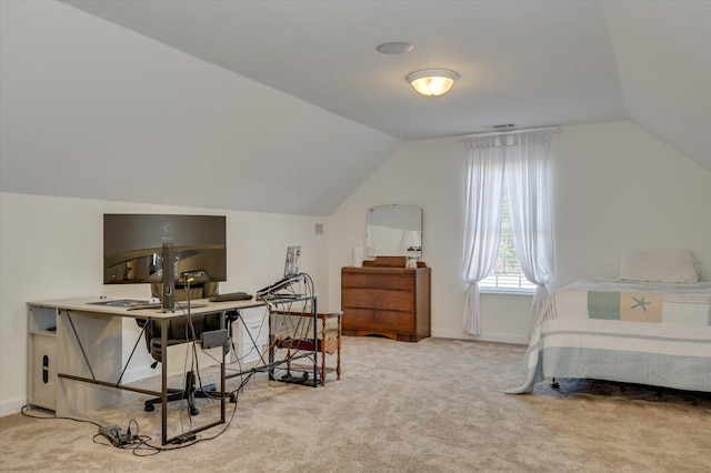 bedroom featuring carpet, vaulted ceiling, and baseboards