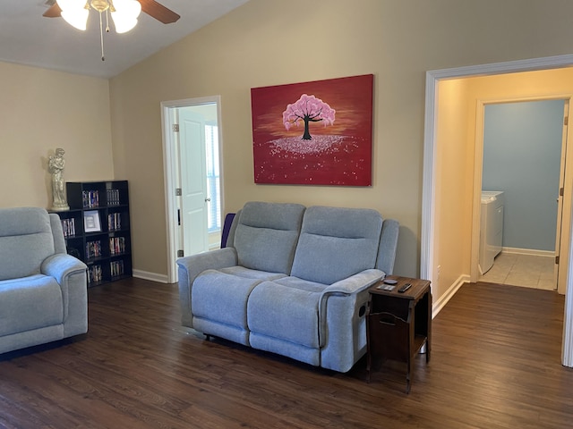 1908 Aspen Green Way, Augusta, GA 30909 - living room with lofted ceiling, washer / dryer, a ceiling fan, dark wood-style floors, and baseboards