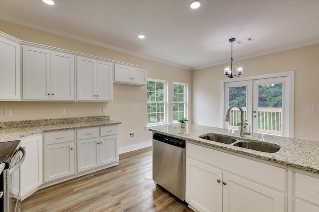 kitchen with sink, light hardwood / wood-style flooring, dishwasher, range, and white cabinetry