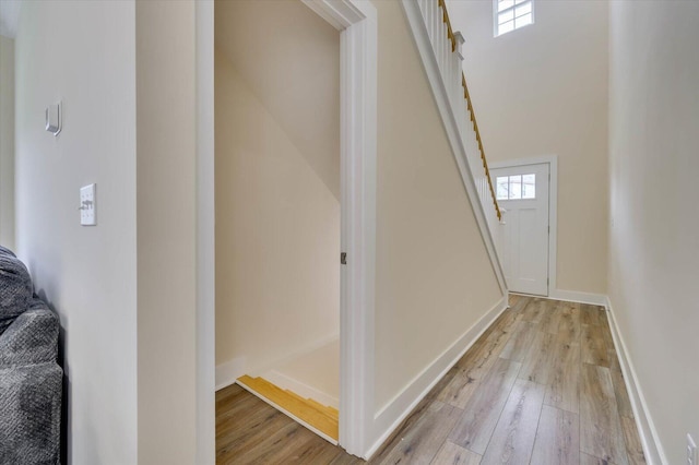 staircase with hardwood / wood-style floors