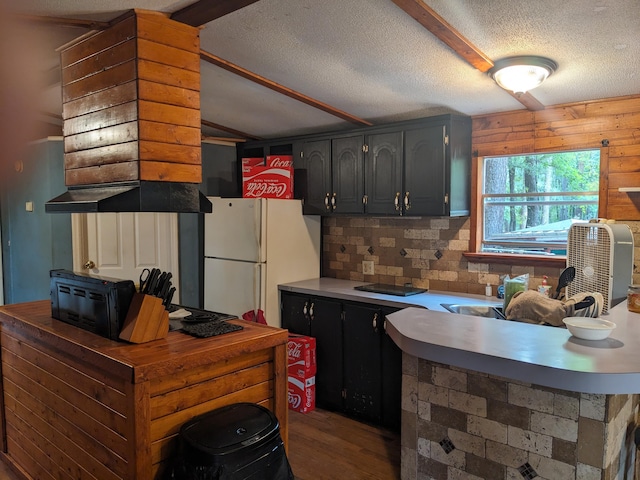 kitchen featuring a textured ceiling, white refrigerator, tasteful backsplash, and dark hardwood / wood-style floors