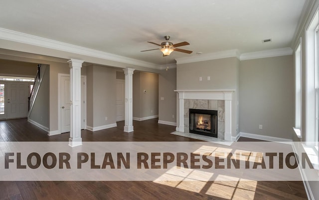 unfurnished living room featuring a healthy amount of sunlight, decorative columns, visible vents, and dark wood-type flooring