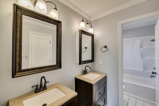 full bathroom with tile patterned flooring, vanity, ornamental molding, toilet, and washtub / shower combination