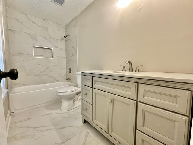 bathroom with toilet, shower / bathing tub combination, marble finish floor, a textured ceiling, and vanity