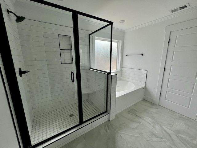 full bath with visible vents, marble finish floor, a shower stall, a bath, and crown molding