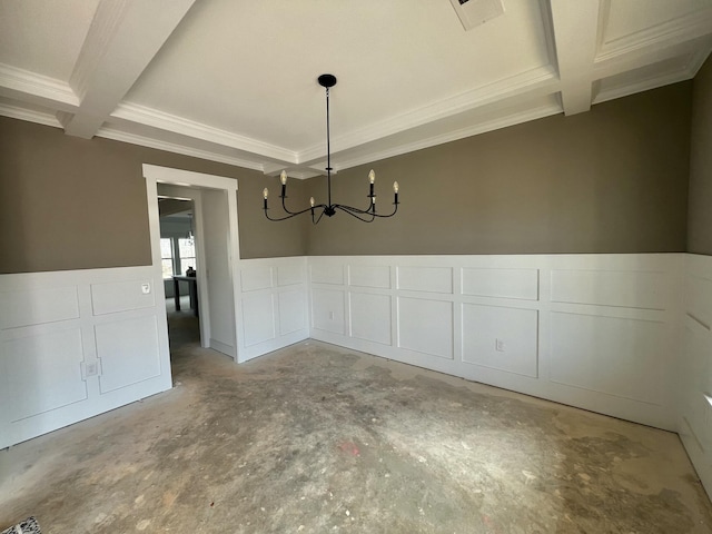 unfurnished dining area featuring a wainscoted wall, visible vents, an inviting chandelier, unfinished concrete floors, and beamed ceiling