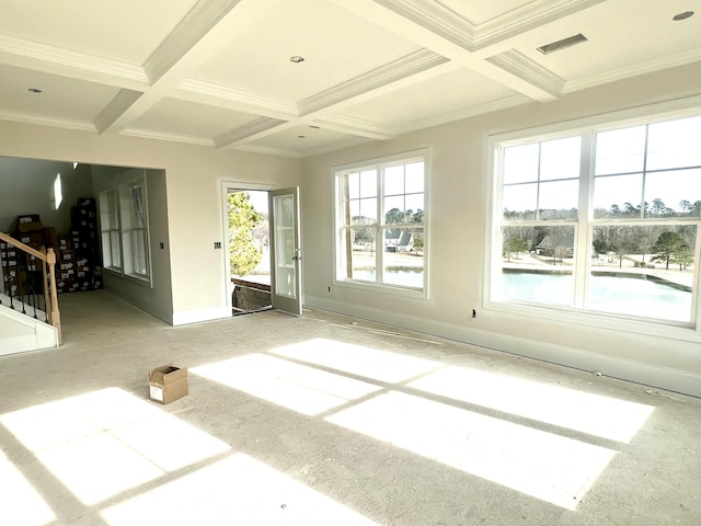 interior space featuring coffered ceiling, crown molding, and beamed ceiling