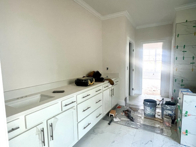 bathroom with marble finish floor, crown molding, and a sink