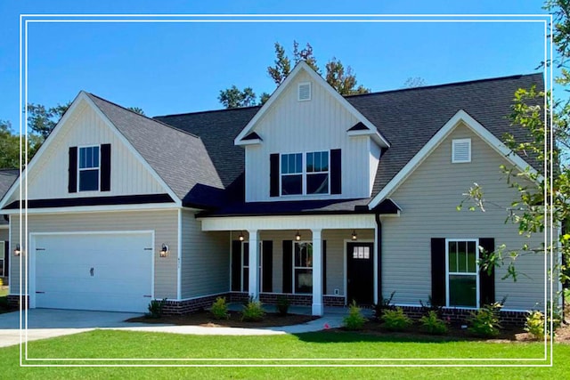 view of front of property with concrete driveway, a garage, covered porch, and a front yard