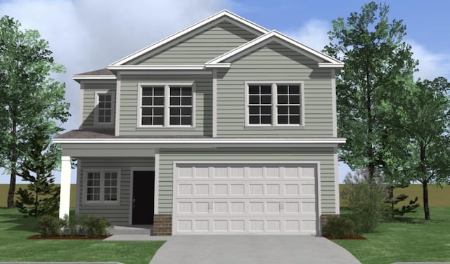 view of front of home featuring a front yard and a garage