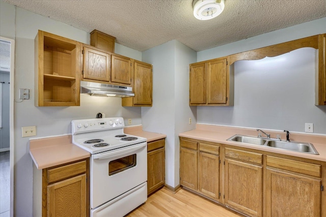 kitchen with electric range, light countertops, a sink, and under cabinet range hood