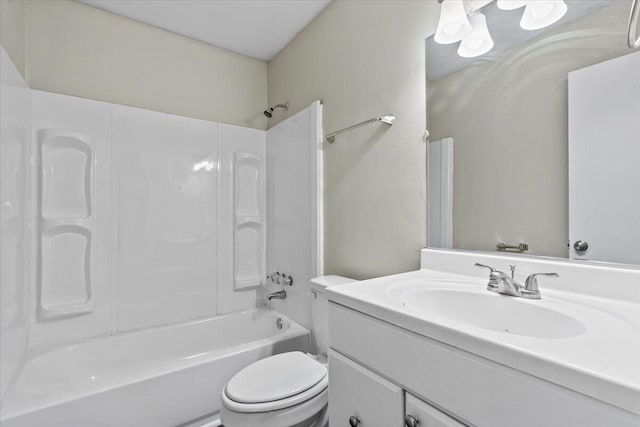 full bathroom featuring toilet,  shower combination, and vanity