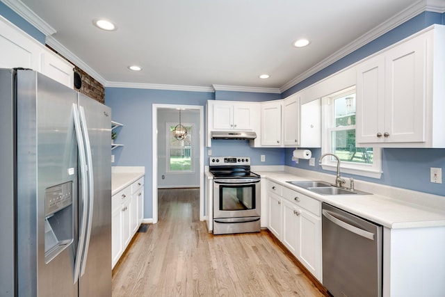 3103 Holly Haven Dr, Augusta, GA 30907 - kitchen featuring stainless steel appliances, under cabinet range hood, light wood-style floors, crown molding, and white cabinetry