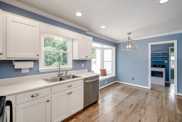 3103 Holly Haven Dr, Augusta, GA 30907 - kitchen with stainless steel dishwasher, white cabinets, stove, light wood finished floors, and crown molding