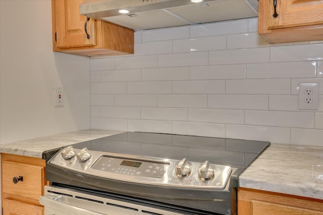 301 Misty Cv, Mccormick, SC 29835 - kitchen featuring electric stove, exhaust hood, and decorative backsplash