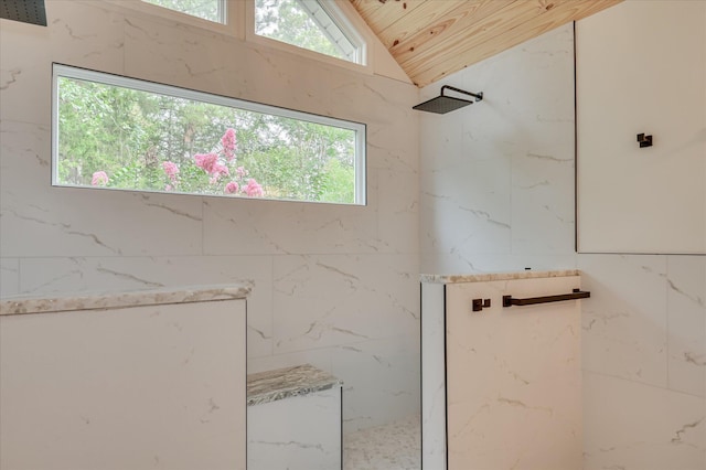 301 Misty Cv, Mccormick, SC 29835 - bathroom featuring a marble finish shower, vaulted ceiling, and wood ceiling