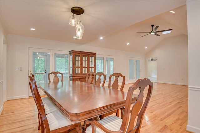 301 Misty Cv, Mccormick, SC 29835 - dining room featuring light wood-style flooring, french doors, recessed lighting, ceiling fan, and vaulted ceiling