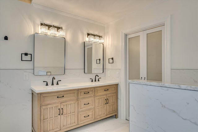 301 Misty Cv, Mccormick, SC 29835 - full bath featuring marble finish floors, double vanity, and ornamental molding