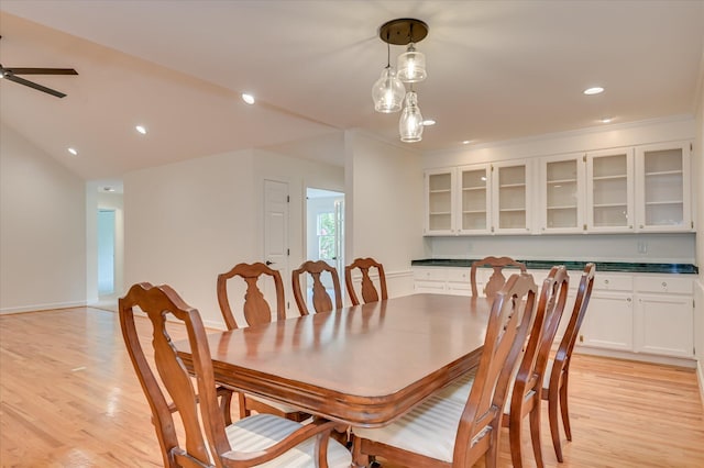 301 Misty Cv, Mccormick, SC 29835 - dining space with light wood-style floors, ceiling fan, recessed lighting, and vaulted ceiling