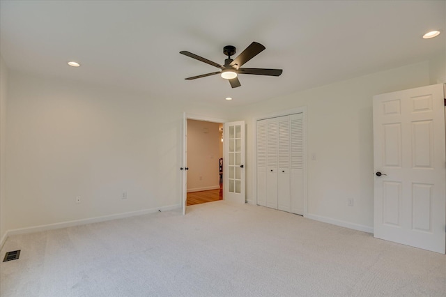 301 Misty Cv, Mccormick, SC 29835 - unfurnished bedroom with light carpet, recessed lighting, french doors, a closet, and ceiling fan