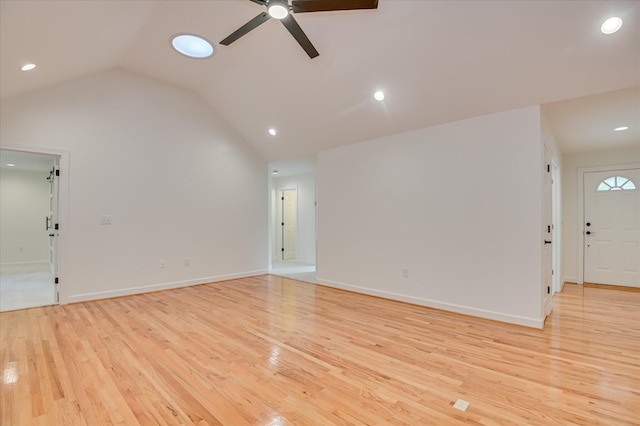 301 Misty Cv, Mccormick, SC 29835 - unfurnished living room featuring light wood finished floors, a ceiling fan, recessed lighting, and lofted ceiling