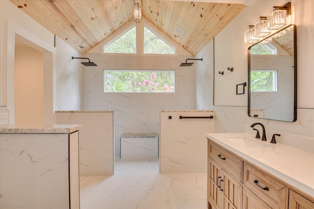 301 Misty Cv, Mccormick, SC 29835 - full bathroom featuring wooden ceiling, marble tiled flooring, a marble finish shower, vanity, and healthy amount of natural light