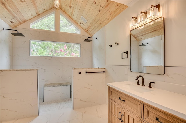 301 Misty Cv, Mccormick, SC 29835 - bathroom featuring wood ceiling, marble tiled flooring, a marble finish shower, vanity, and vaulted ceiling