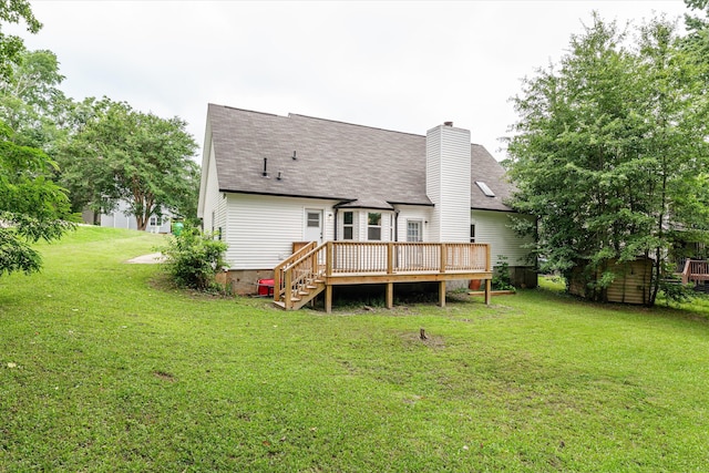 221 Creek View Cir, Martinez, GA 30907 - back of house with a wooden deck, roof with shingles, a lawn, and a chimney