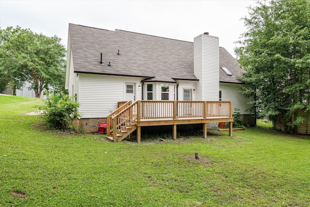 221 Creek View Cir, Martinez, GA 30907 - rear view of house with a deck, a lawn, a shingled roof, and a chimney