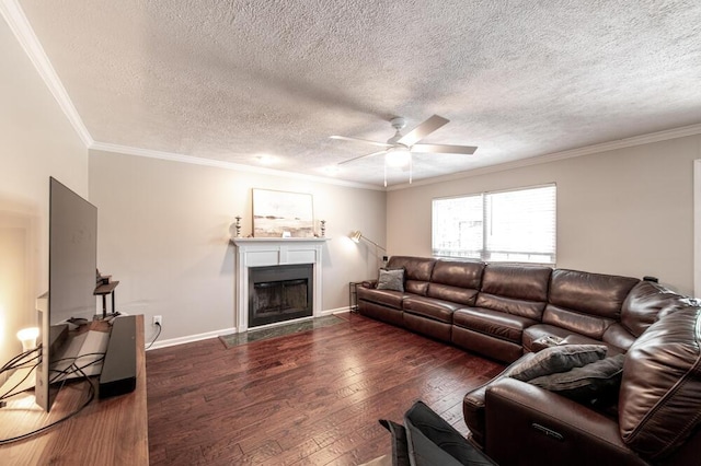 203 Longstreet Xing, North Augusta, SC 29860 - living room featuring hardwood / wood-style flooring, ceiling fan, a fireplace with flush hearth, a textured ceiling, and ornamental molding