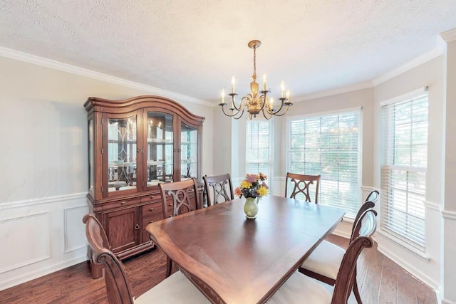 203 Longstreet Xing, North Augusta, SC 29860 - dining room featuring a chandelier, dark wood finished floors, a textured ceiling, wainscoting, and ornamental molding