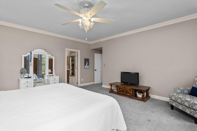 bedroom with crown molding, carpet floors, baseboards, and a ceiling fan