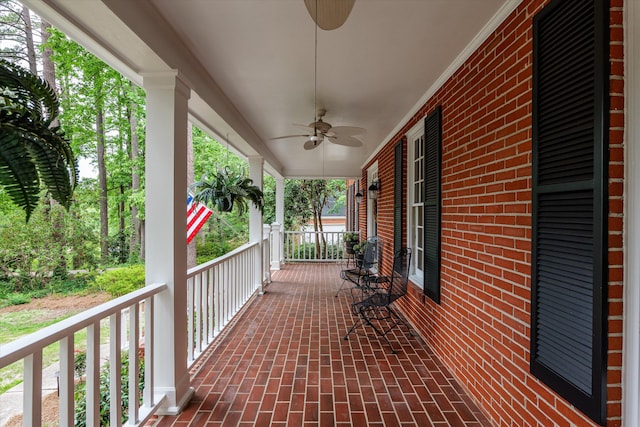 view of patio featuring covered porch and ceiling fan