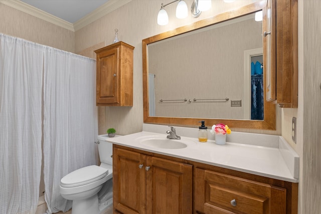 bathroom with vanity, crown molding, toilet, and a shower with curtain