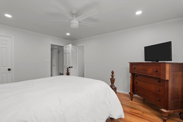bedroom with a ceiling fan, crown molding, baseboards, recessed lighting, and light wood-style flooring