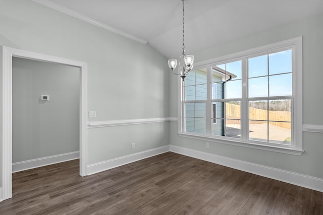 unfurnished dining area featuring a notable chandelier, dark hardwood / wood-style flooring, and lofted ceiling