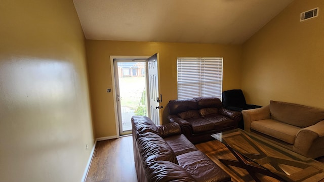 living room with wood-type flooring and lofted ceiling