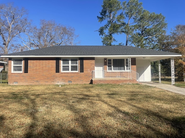 single story home featuring a carport, a porch, and a front lawn