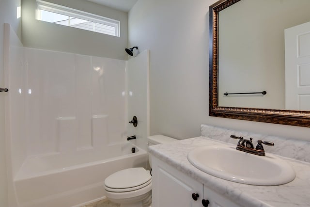 full bath with tub / shower combination, toilet, and vanity