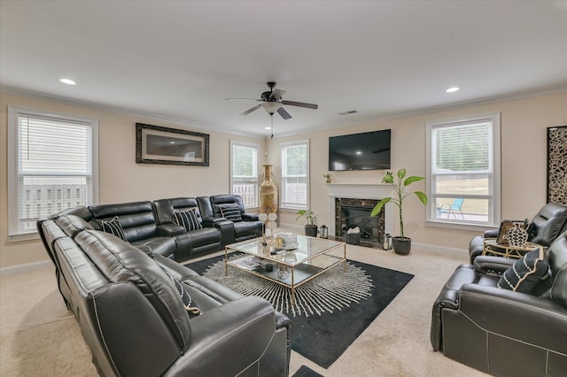 825 Burch Creek Dr, Grovetown, GA 30813 - living room featuring light carpet, crown molding, a ceiling fan, a high end fireplace, and recessed lighting